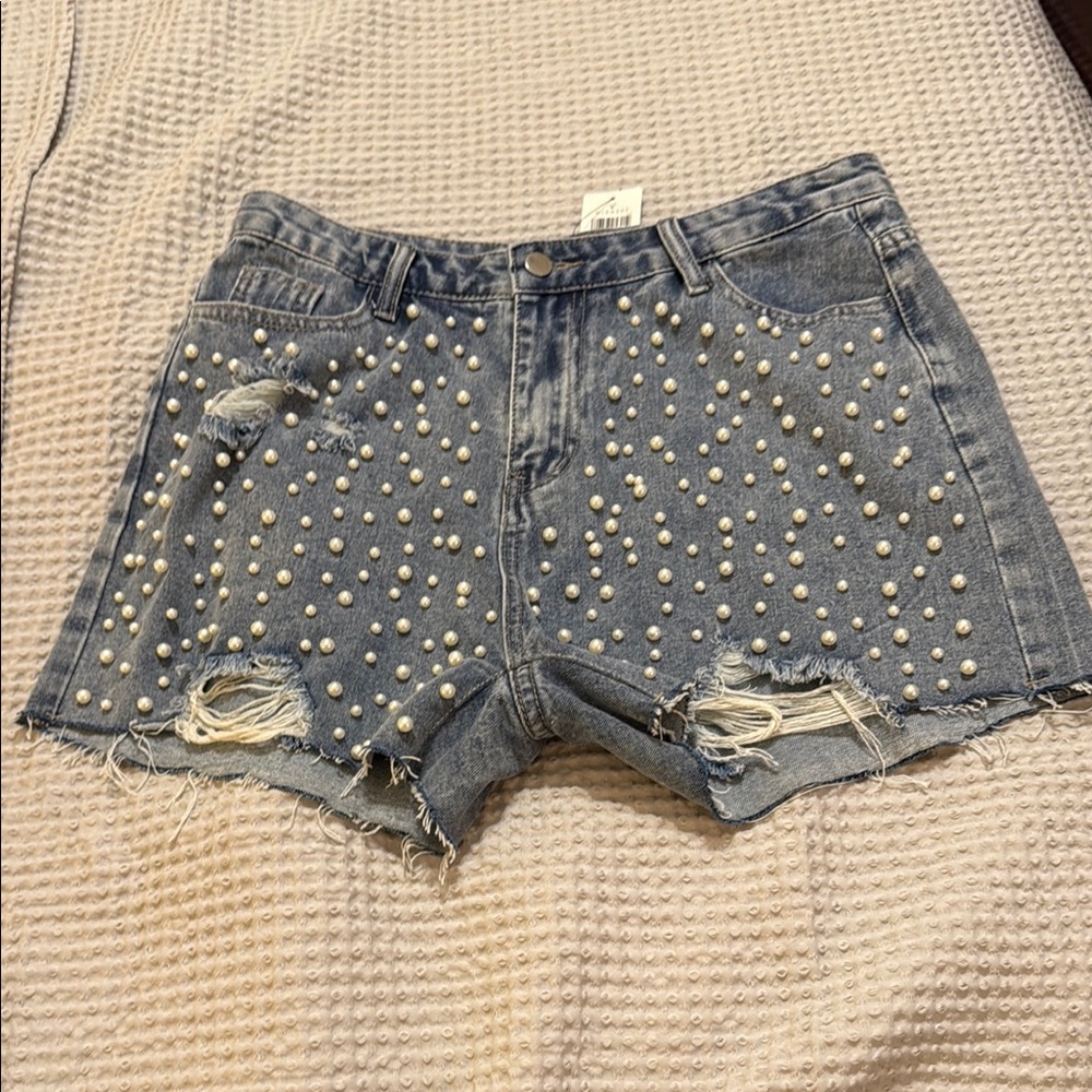 Pearl Embellished Denim Shorts